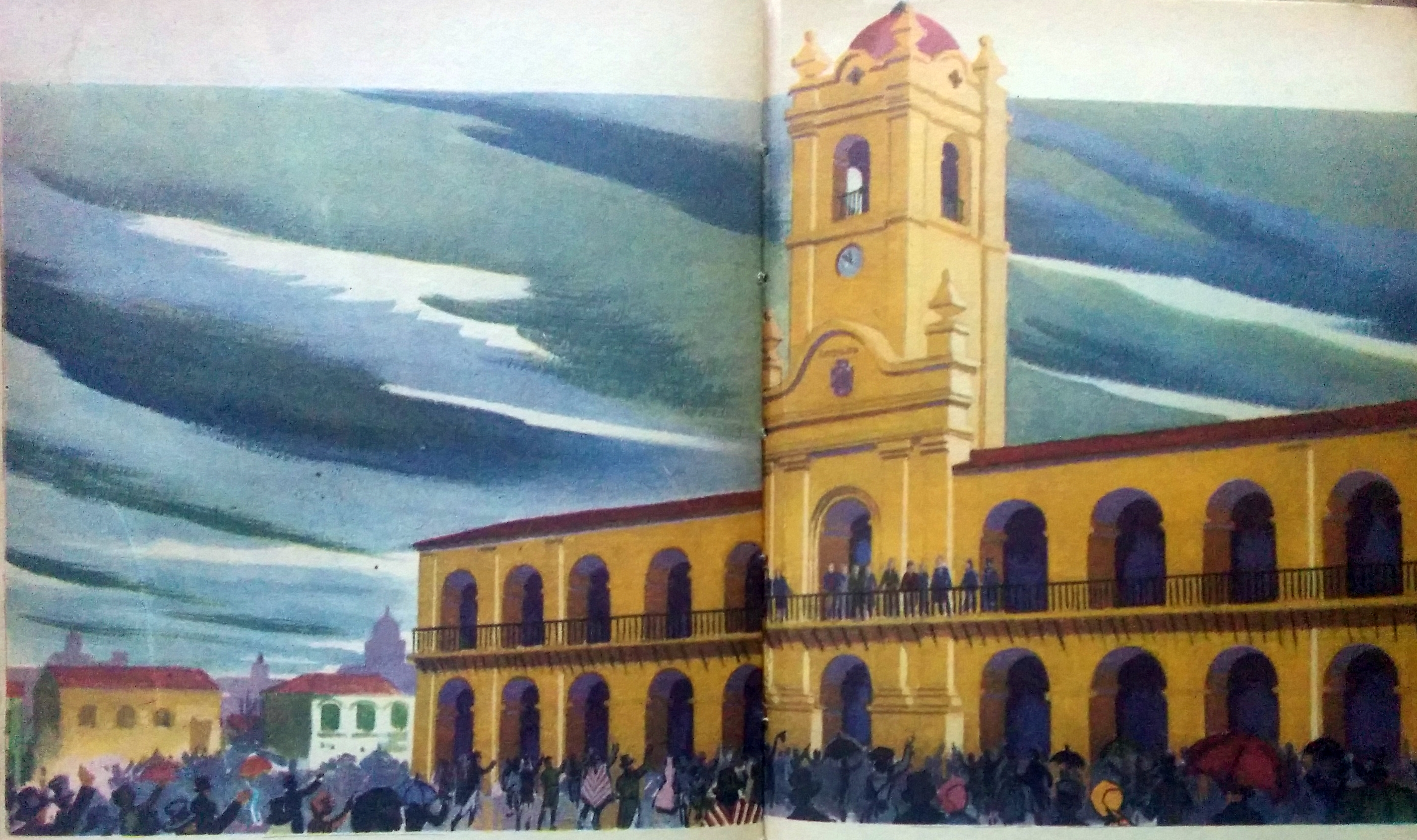 Ilustraciones alusivas al 25 de Mayo de 1810, pertenecientes a distintos libros de lectura, de la enseñanza primaria, de las escuelas argentinas, en las décadas de 1940, 1950 y 1960. 