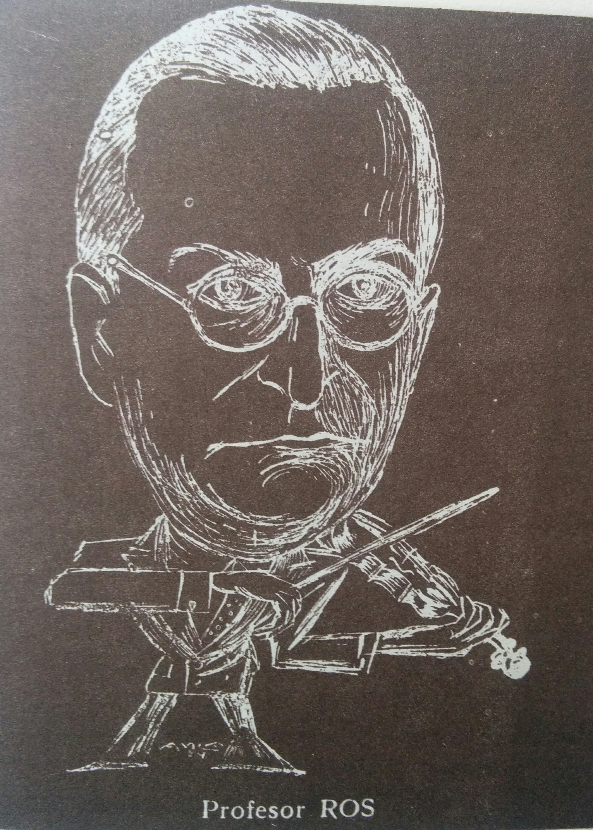 Caricatura del Prof. Ramón Ros, efectuada por el dibujante chivilcoyano, Horacio Avila.