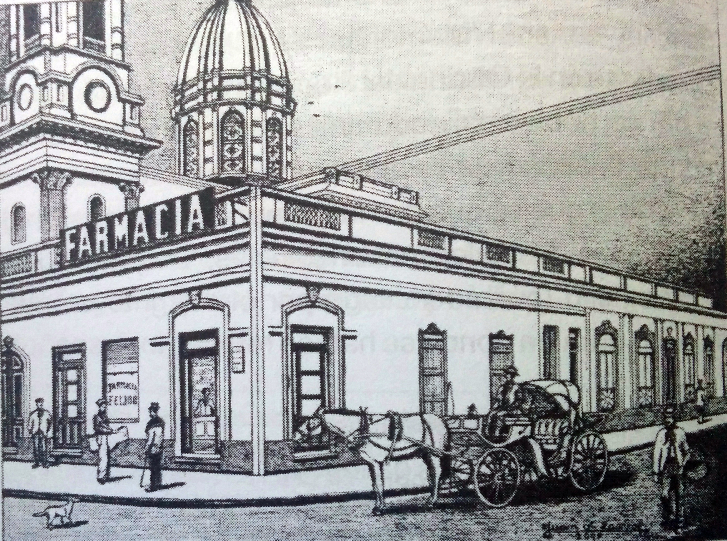 La farmacia Sánchez, en el dibujo del artista plástico, escritor e investigador del pasado lugareño, procurador Juan Antonio Larrea.