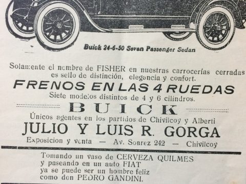 Anuncio publicitario, de una de las agencias de automóviles, con la propaganda de sus respectivos vehículos, que data del año 1924, cuando Sebastián M. Berrondo, era intendente municipal de Chivilcoy.