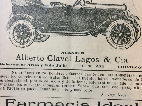 Anuncio publicitario, de una de las agencias de automóviles, con la propaganda de sus respectivos vehículos, que data del año 1924, cuando Sebastián M. Berrondo, era intendente municipal de Chivilcoy.
