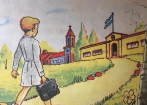Ilustraciones, de distintos libros de lectura, de escuela primaria, correspondientes a las décadas de 1930, 1940 y 1950.