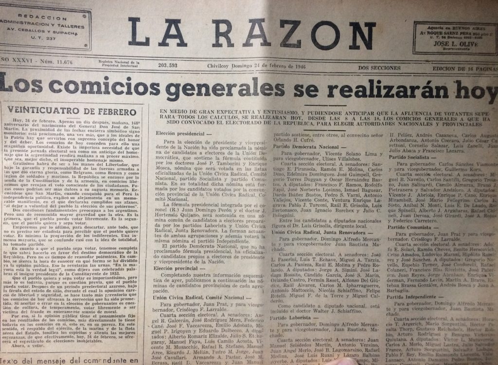 Las elecciones generales, del domingo 24 de febrero de 1946, y los