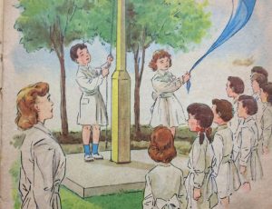 Ilustraciones, de distintos libros de lectura, de la escuela primaria, correspondientes a las décadas de 1940, 1950 y 1960.