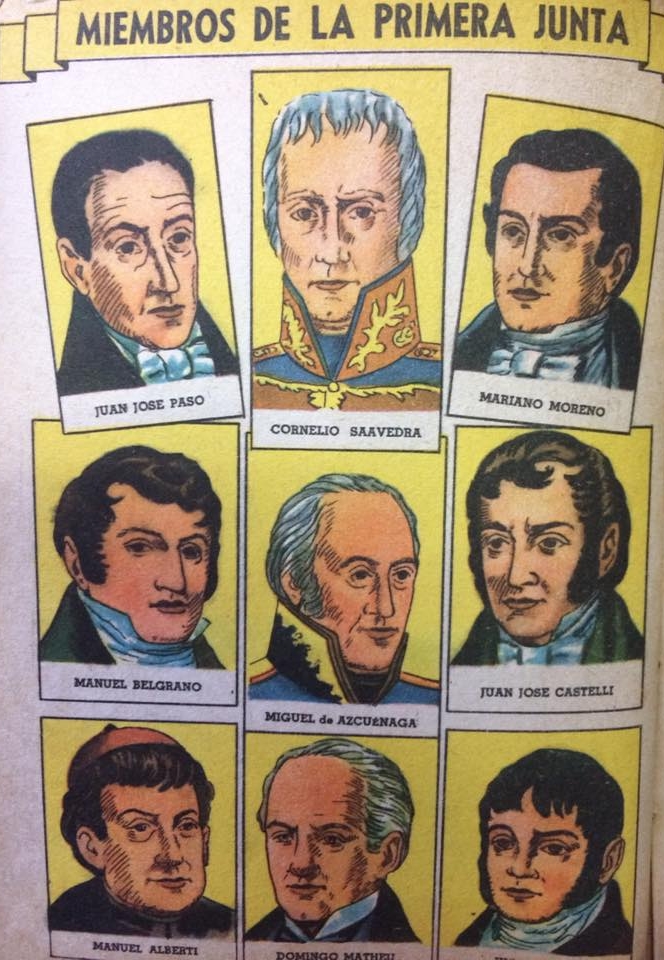 Láminas patrióticas, alusivas al 25 de mayo de 1810, publicadas en las páginas, de distintos libros de lectura, de escuela primaria, correspondientes a la décadas de 1940 y 1950.