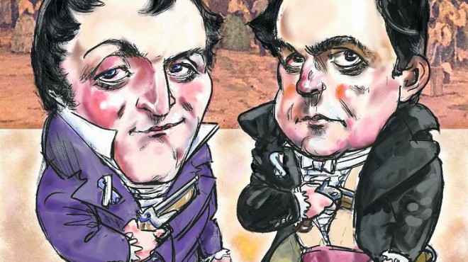 Caricaturas de los próceres argentinos, comandante de Patricios, Cornelio Saavedra y Dr. Mariano Moreno.