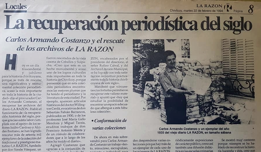 Rescate de la colección del matutino “La Razón”, por Carlos Armando Costanzo (Febrero de 1994).