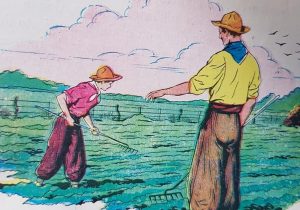 Láminas ilustrativas, sobre el Trabajo, publicadas, en distintos libros de lectura, de escuela primaria, correspondientes a la década de 1950.