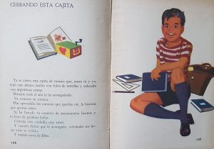 Ilustraciones en colores, del libro de lectura, par escuela primaria «Entre tú y yo», editado en 1965; donde aparece una página, dedicada a nuestra ciudad de Chivilcoy, y específicamente, a la plaza España, inaugurada el 22 de octubre de 1940.