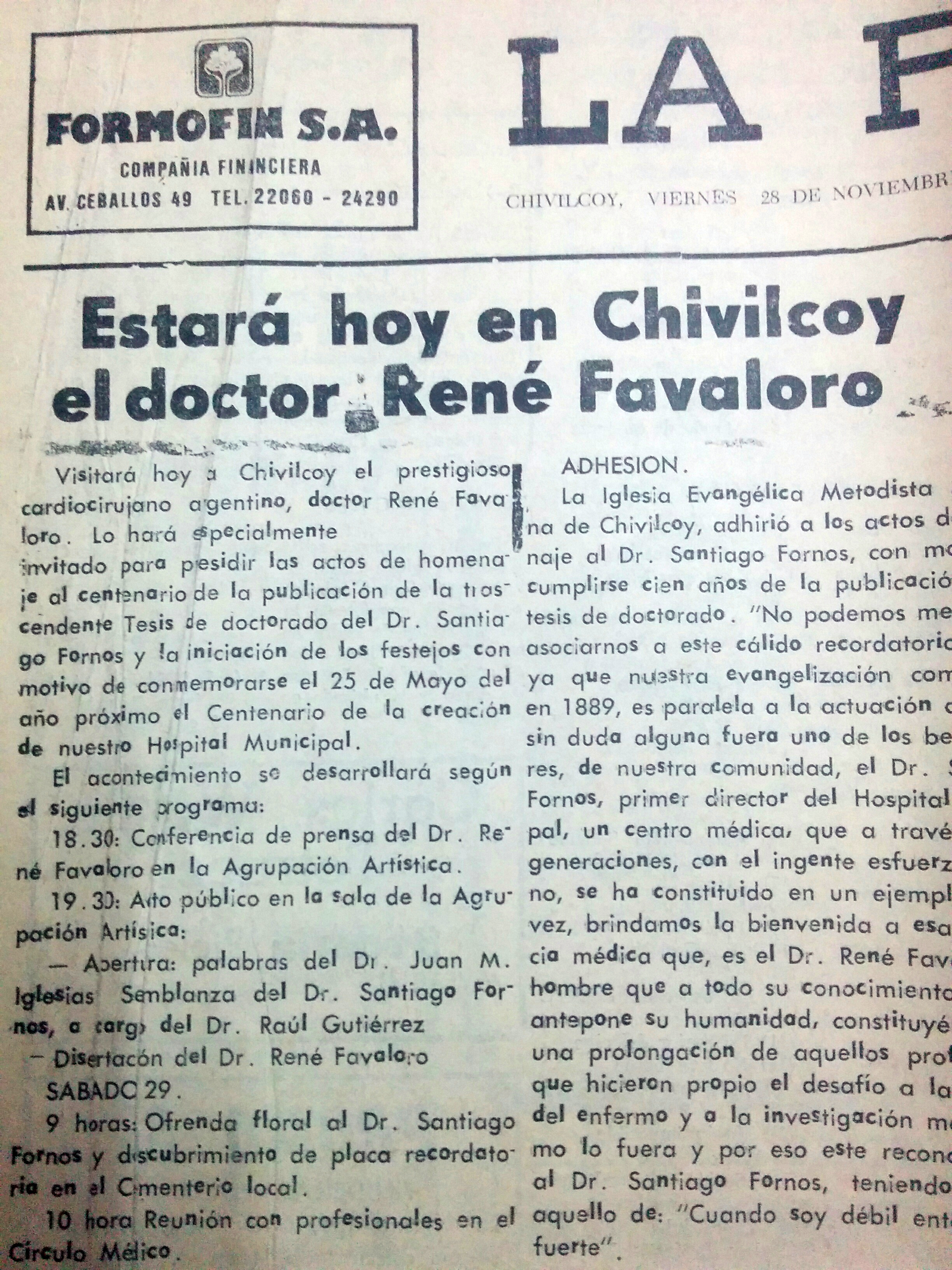 Las visitas del Dr. Favaloro a Chivilcoy, en el mes de noviembre