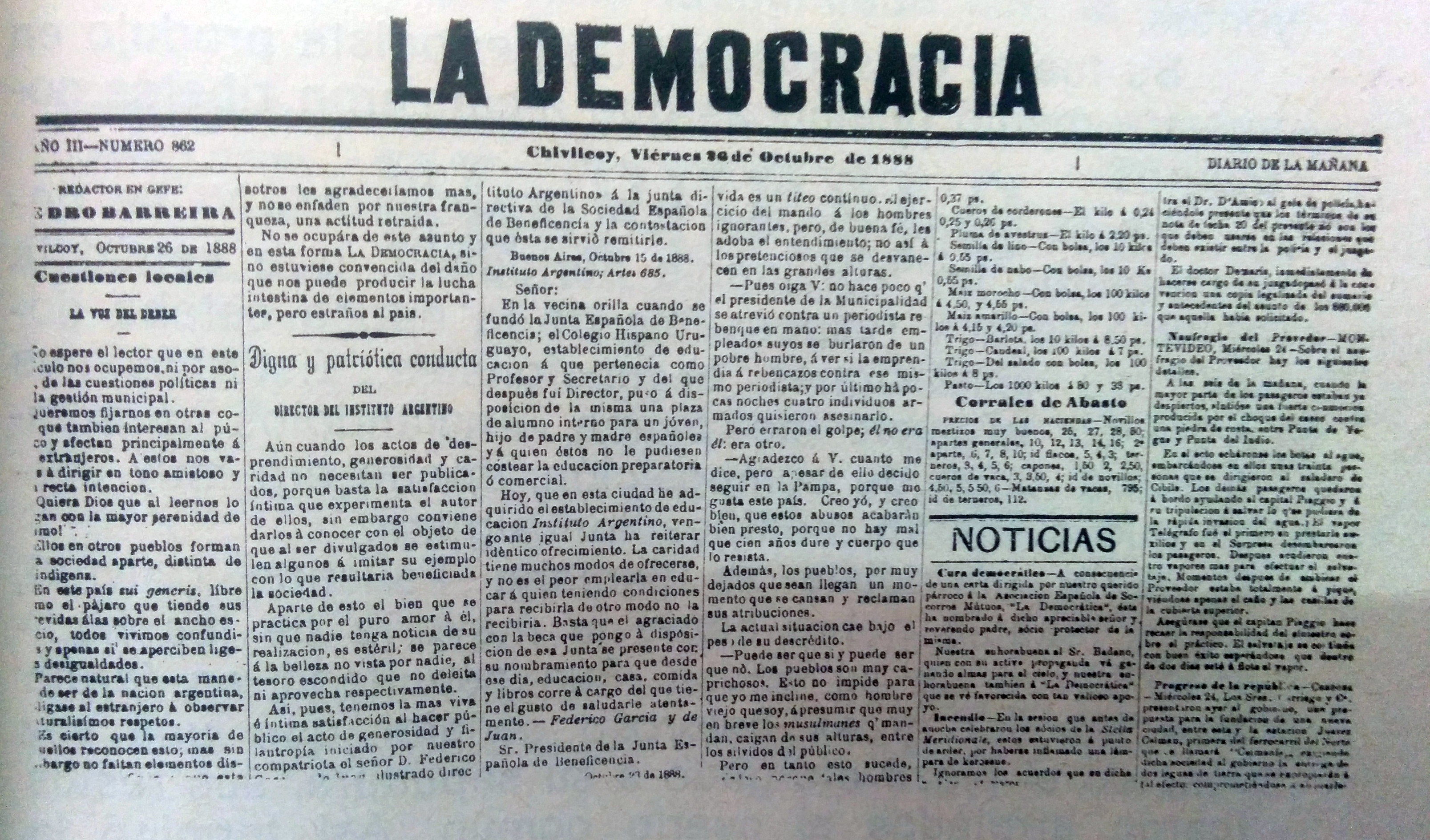 Diario "La Democracia", fundado por Don Valerio A. Chaves, el 1 de noviembre de 1884, donde se desempeñó, Faustino Carlos Calvetti, como uno de sus principales y más destacados redactores.
