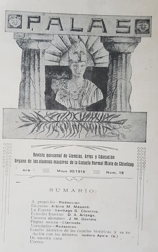 Un ejemplar de la revista “Palas”, de los alumnos, de la Escuela Normal de Chivilcoy, aparecido el 30 de mayo de 1916.